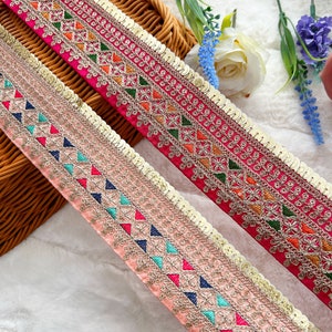 9.5 Yards Rani Pink/ Peach Indian Sequin Embellished Zari Embroidered Hats Bag Saree Trimming Decorative Ribbon Crafting Sewing Sari Border