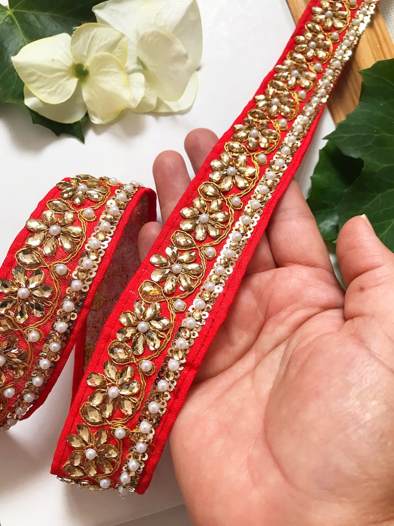 41mm Beaded Sari Saree Border Gold with Faux Pearl Embroidered 1 5//8/" Per Mtr