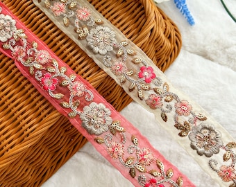Floral Sequin Embroidered Net Trim: Pink/Cream Indian Lace, 3.5cm, 3 Yards