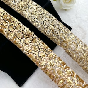 1 Yards Pale Gold/Antique Gold Sequin Zari Lace Trim Net Fabric,Decorative sari border,Bridal, Sash, Dupatta Lace trim,Sewing, Dress 4.6 cm