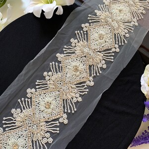 Cutwork Silver Floral Trim Hand Embroidered Trim Diamante White Sequin Beads Bridal Showers Bridal Applique Sash 9 Cm Wide