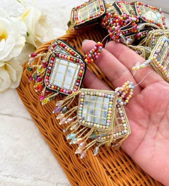 1 par de borlas nupciales adornadas con espejo de cristal perla multicolor, borlas  decorativas, borlas de blusa saree, indio, latkans de costura -  México
