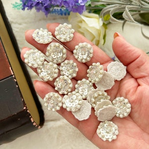 50 Tiny White Pearl Sequin Embelished Embroidered Flower shaped Indian Appliques Beaded Bridal Appliques, Headband Appliques