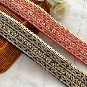 1 mètre Rouge/or noir Zari orné de sequins brodés Dupatta Saree Tissu Couture Artisanat Indienne Ceinture Ceinture Garniture Chapeau Largeur 5,8 cm