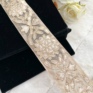 9.5 Yards Cream Rose Gold Gota Zari Embellished Embroidered Net Sewing Bridal Dupatta Lace Sash Lace Craft Trimming, Saree Indian trim 5 Cm