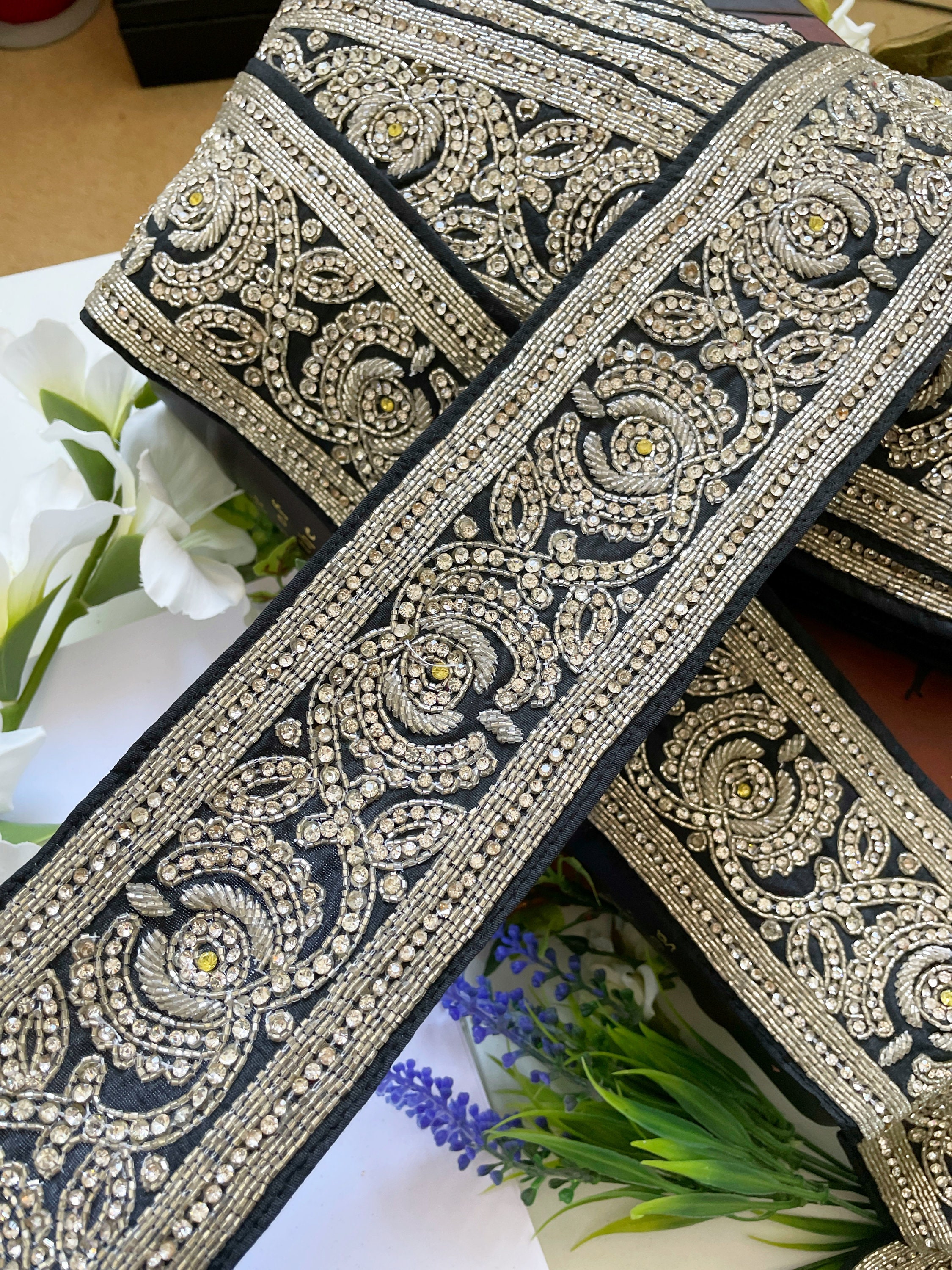 1 Pair Latest Indian Golden Zari Stone Zari Applique/Motif Indian Ethnic style 1 Pair Latest Indian Golden Zari Stone Zari Applique/Motif Indian Ethnic style