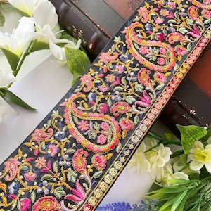 1 iarda di tessuto indiano, passamaneria, abbellimento, passamaneria ricamata, nastro per sari, bordo per sari in seta, pizzo decorativo per cucito.