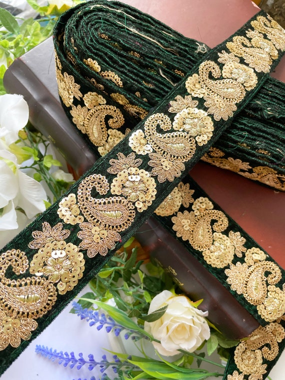 9 Yards Bridal Bottle Green and Golden Indian Zari Rose Gold Color Velvet Fabric Saree Lace Embellishment Trim Border Width 5.2 cm