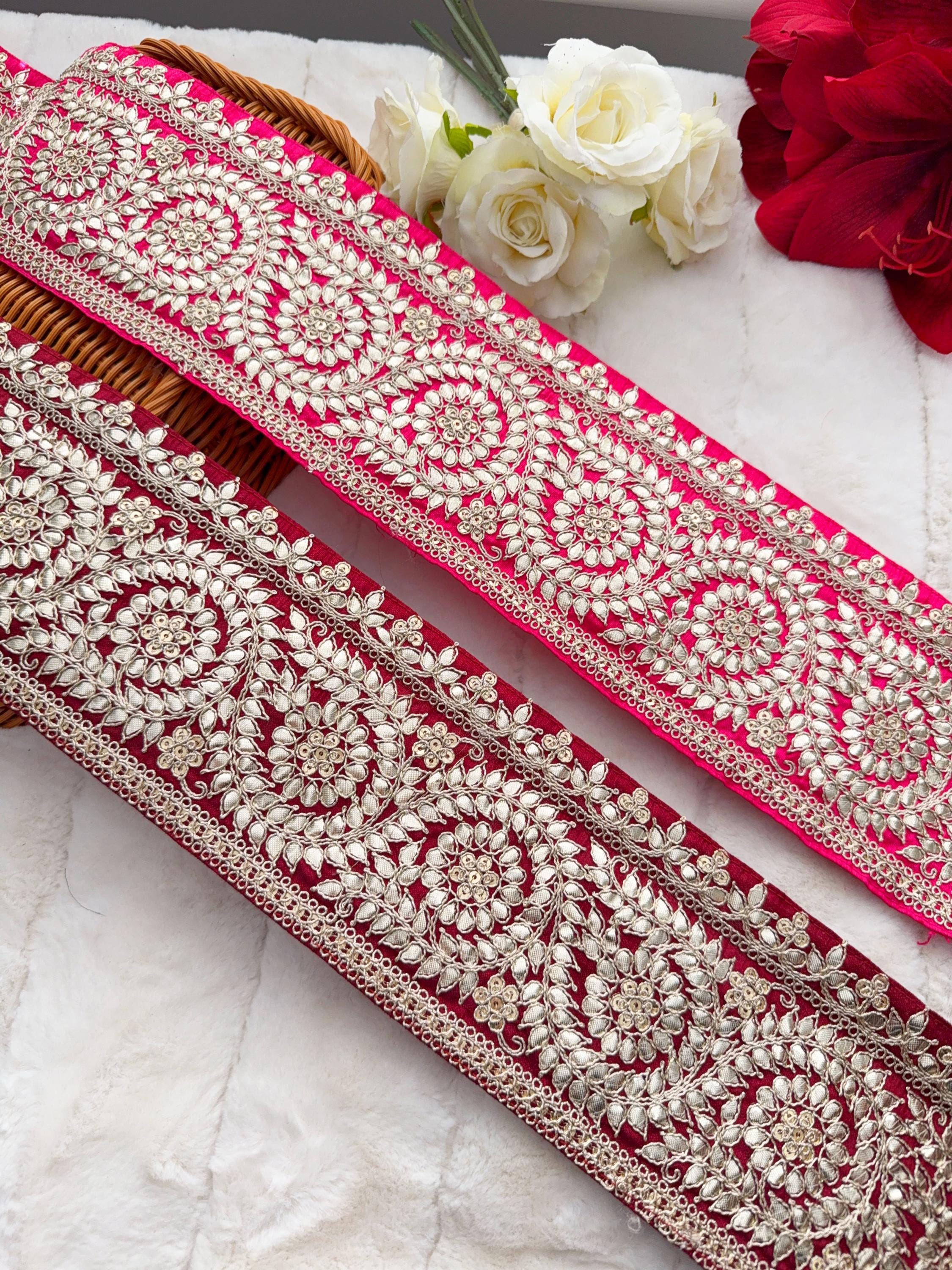 1 Yard Rani Pink/Maroon Gota Embellished Indian Gold Zari Embroidered Wedding Sash Dupatta Sari Lace Wedding Saree Trim Craft 11.2 Cm Wide