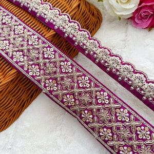 Magenta Indian Embroidered Fabric Trim: Golden Zari Sequin Scallop Lace (9.5 Yards)