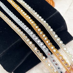 9 Yards Pale Gold/Antique/Silver/Shampion Gold Indian Zari Mirror Embellished Trim Sari Dupatta Lace Crafting Border, 1.1 Cm Wide