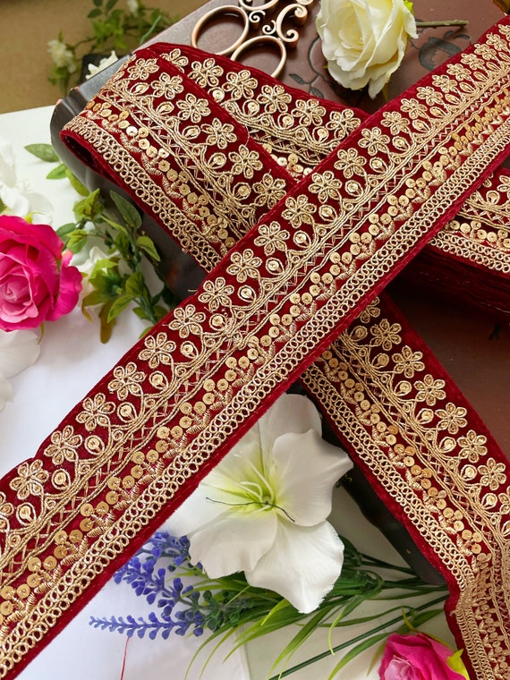 Maroon Indian Gold Zari Sequin Embroidered lace Trim, Border, Sari ,  Dupatta Lace, Crafting Sash Cushion, Velvet Fabric Lace, 5.4 cm