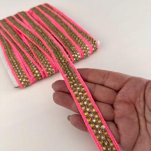 Pink Dupion Zardosi Trim with Amber Stones, 2 cm Wide 9.5 Yards