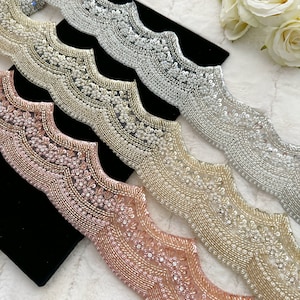 1 Yard  Bridal  Rose Gold/Pale Gold/Silver Cutdana Pearl Sequin Embellished Indian Bridal Dupatta Trim Crafting Sash Lace Border Trim 7 Cm