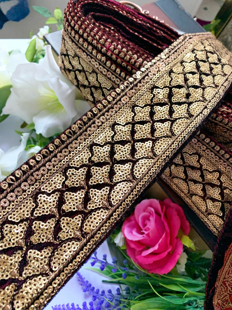Bridal Maroon Velvet Fabric Trim Embroidered Lace Indian Sari Border gold Sequined embellished Sewing Crafting Lace 2.75 In Wide