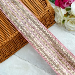 1 Yard Pink Gold Zari Sequin Embellished Fabric Scarf Dupatta Border Dupatta Lace, Craft, Sewing Saree Indian Lace trim 6.4 Cm wide