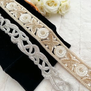 2 pièces argent/ restes d'or pâle, paillettes indiennes zardosi, perles, bordures brodées, lacets décoratifs, bordures de sari, album de scrapbooking