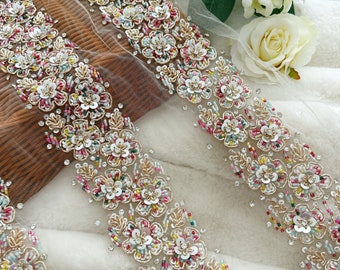 1 Yard Multicolour Cutdana Pearl Crystal Floral Trim Hand Embroidered  Sequin Pearls Embellished Bridal Showers Bridal Applique Sash
