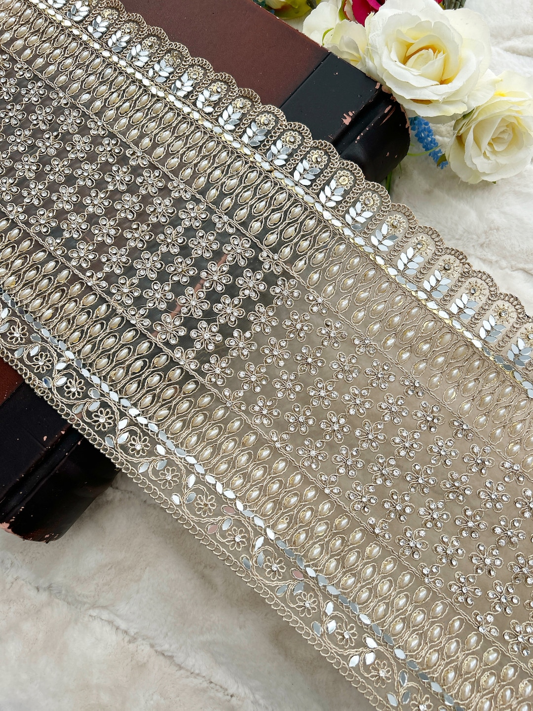 Buy Pearl Mirror Embroidered Lace Trim: Indian Sari Border, Wide  Online in India