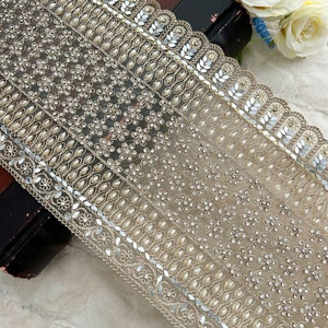 Pearl & Mirror Embroidered Lace Trim: Indian Sari Border, 8.22&quot; Wide
