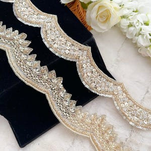1 Yard Pale Golden Scallop Indian Zari Crystal Pearl Sequin Embellished Net Fabric Trim Sari Dupatta Lace Trim Border, 3.7 Cm Wide