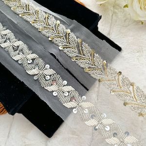 1 Yard Gold  Silver Floral Trim Hand Embroidered Trim Diamante White Sequin Beads Embellished Bridal Showers Bridal Applique Sash 3 Cm Wide