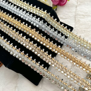 3 Yard Antique/ Gold/Pale Gold/Shampion /Silver Mirror Stone Embellished Gota Zari Indian Crafting Sewing Sari Dupatta lace Trim 2.5 cm wide