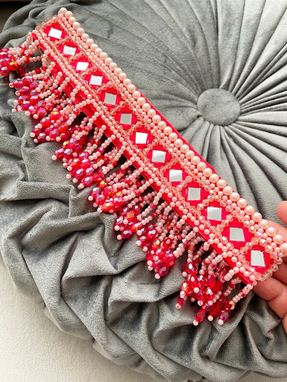 Red Mirror Beaded Bridal Belt: Hand Embroidered Sari Saree Costume