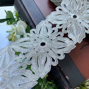 2 Yards/1.55 Yard Indian Cutwork Silver Zari Wide Leaf Floral Bridal Sewing Crafting Lace Trim Applique Sash 11 CM Wide 62SKC