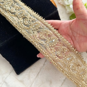 1 Yards Indian Gold Zari Stone Mirror Embellished Floral Bridal Dupatta Dress Costume Embroidered Trim Sari Crafting Sewing Trim 7 Cm wide
