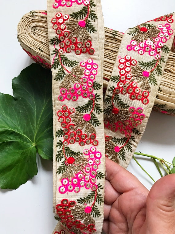 Indian Fringed Trim Designer Pink Ribbon Beaded Handmade Border Sewing Lace 1 Y