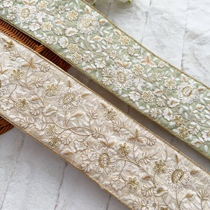 1 Yard Indian Cream/ Sage Sequin Embellished Fabric Dupatta Cushion Covers Embroidered Saree  Sewing Crafting  Lace Trim Curtain 4 Inch