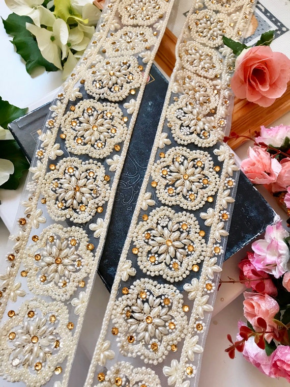 New Fancy Pearl Bridal Lace Trim Zari Ribon Sewing On Craft Wedding Sari Border