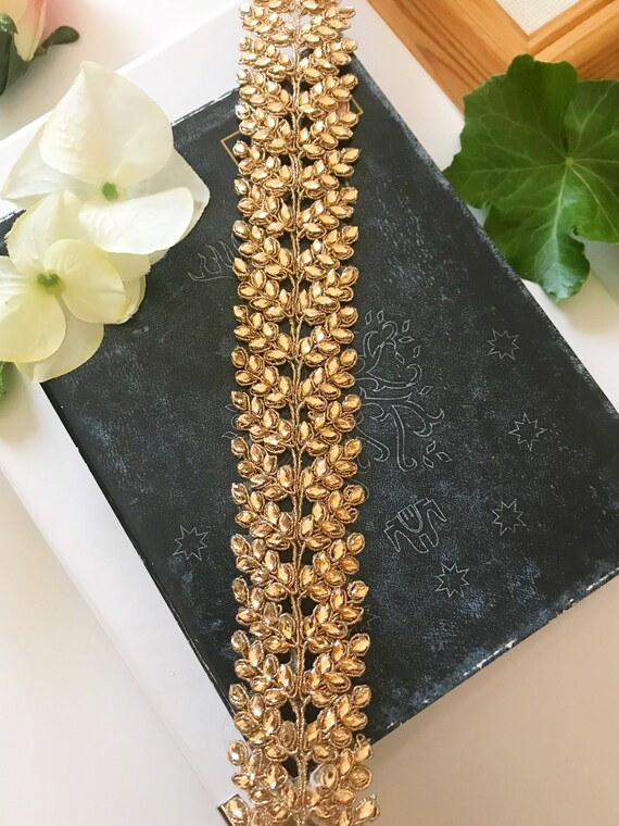 1 yarda último trabajo de piedra india dorado ZARI Sari Dupatta frontera Ribete De Encaje