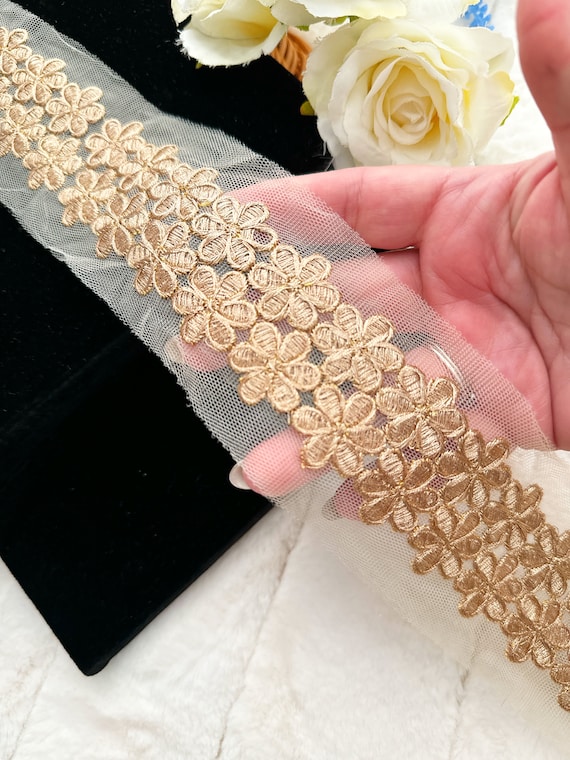 Tela de red bordada con flores Zari de oro rosa indio de 9,5 yardas, para  costura, vestido, dupatta, sombrero, funda de cojín, borde de encaje de