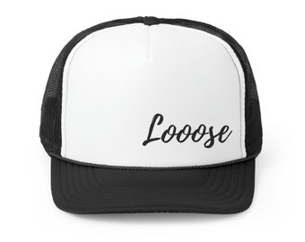 May include: A black and white trucker hat with a white front panel and a black mesh back. The front panel has the word "Looose" written in a cursive font.