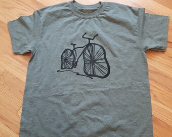 Bicycle, Lino Block Printed, Heather Green T-shirt