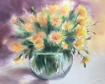 Original watercolor painting of yellow flowers