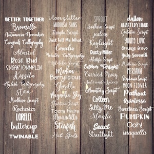 May include: A wooden background displays a collection of white calligraphy fonts. The text includes phrases like "Better Together," "Autumn in November," and "Sugar Dumplin." The fonts vary in style, suitable for various design projects.