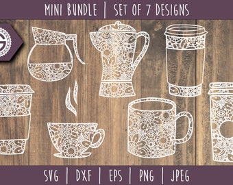 May include: Set of seven white outline coffee and tea cup designs with intricate floral patterns. The designs are perfect for crafting projects, such as cutting, etching, or printing.