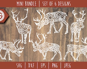 Reindeer Mandala Zentangle Bundle - Set of 6 SVG / Christmas Reindeer Mandala / Reindeer Mini Bundle Cut File / Santa Sleigh svg dxf jpeg