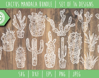 Cactus Mandala Zentangle Bundle - Set of 16 SVG / Cactus Mandala / Cactus Zentangle / Cactus Mini Bundle Mandala Cut File / svg dxf jpeg