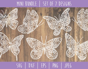 Vlindermandala Zentangle-bundel - Set van 7 gesneden SVG-bestanden (digitale download)