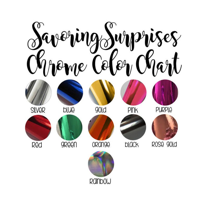 Chrome mirror vinyl color chart displaying available colors including silver, blue, gold, pink, purple, red, green, orange, black and rose gold