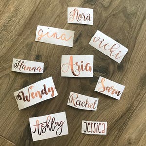Pode incluir: Uma coleção de autocolantes personalizados com nomes em ouro rosa metálico. Cada nome, como Nora e Gina, é exibido em uma fonte cursiva em um fundo retangular branco. Ideal para personalização.