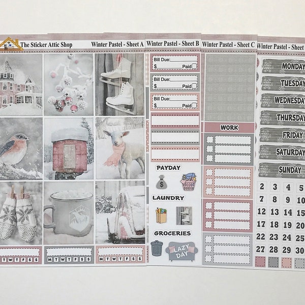 Winter Pastel Planner Sticker Kit, Weekly Winter Planner Kit, Photo Sticker Vertical Weekly Kit, a la carte stickers