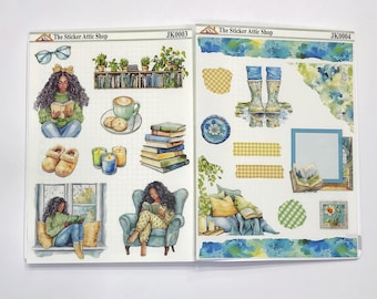 Rainy Day Booklover Stickers: African American Planner, Journaling (B6 Size Sheet