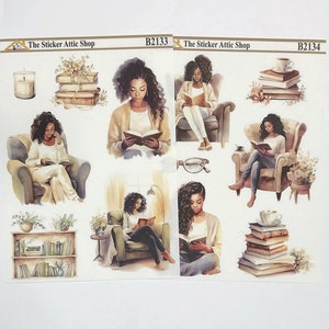 May include: A set of 10 sticker sheets featuring illustrations of women reading in cozy chairs, with books, candles, and coffee cups. The sticker sheets are labeled "The Sticker Attic Shop" and have the product numbers B2133 and B2134.