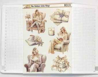 Book Lover Collection Blonde Fashion Girl B2131, Neutral Stickers, Journal Planner Stickers, Reading
