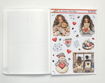 Winter In Love LG0036 Brunette Watercolor Planner Stickers, Bujo Stickers (B6 Size)